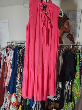 DKNY Sleeveless Hot Pink Pleated Tie-Neck Midi Dress
